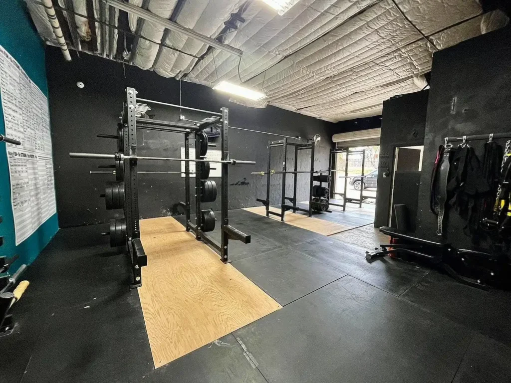 Large custom home gym with weight belts, a squat rack, and floor mats.